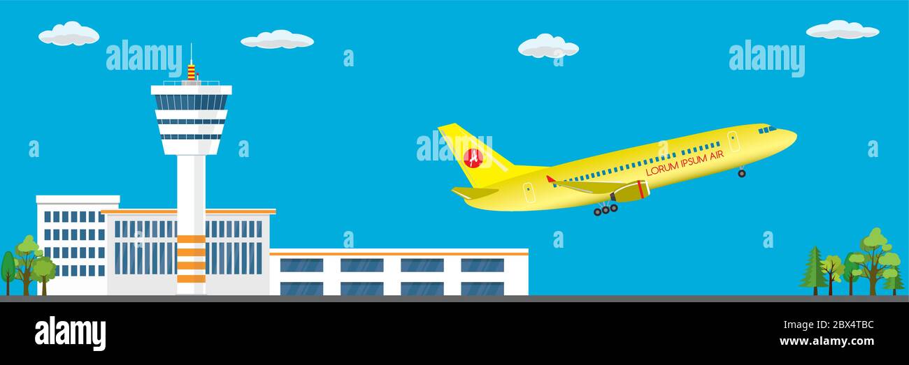 Airport buildings, control tower, runway and takeoff modern aircraft