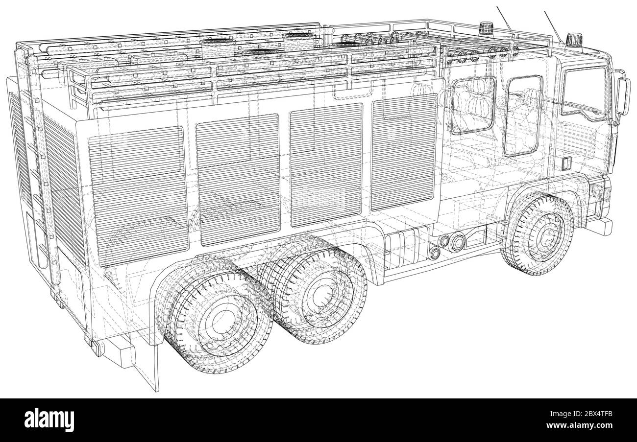 Wire Frame Fire Engine Vector Wire-frame Fire truck. The layers of visible and invisible lines ...