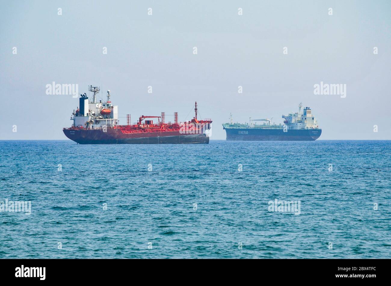 Two chemical/oil tankers anchored off the south coast of Cyprus near Larnaca, 2009. Sea Chem of Panama (left) and Minerva Rita of Valletta. Sea Chem s Stock Photo