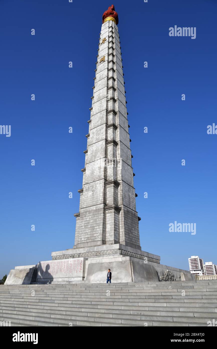 Pyongyang, North Korea - May 1, 2019: Tower of the Juche Idea in capital of the North Korea shown at evening light Stock Photo