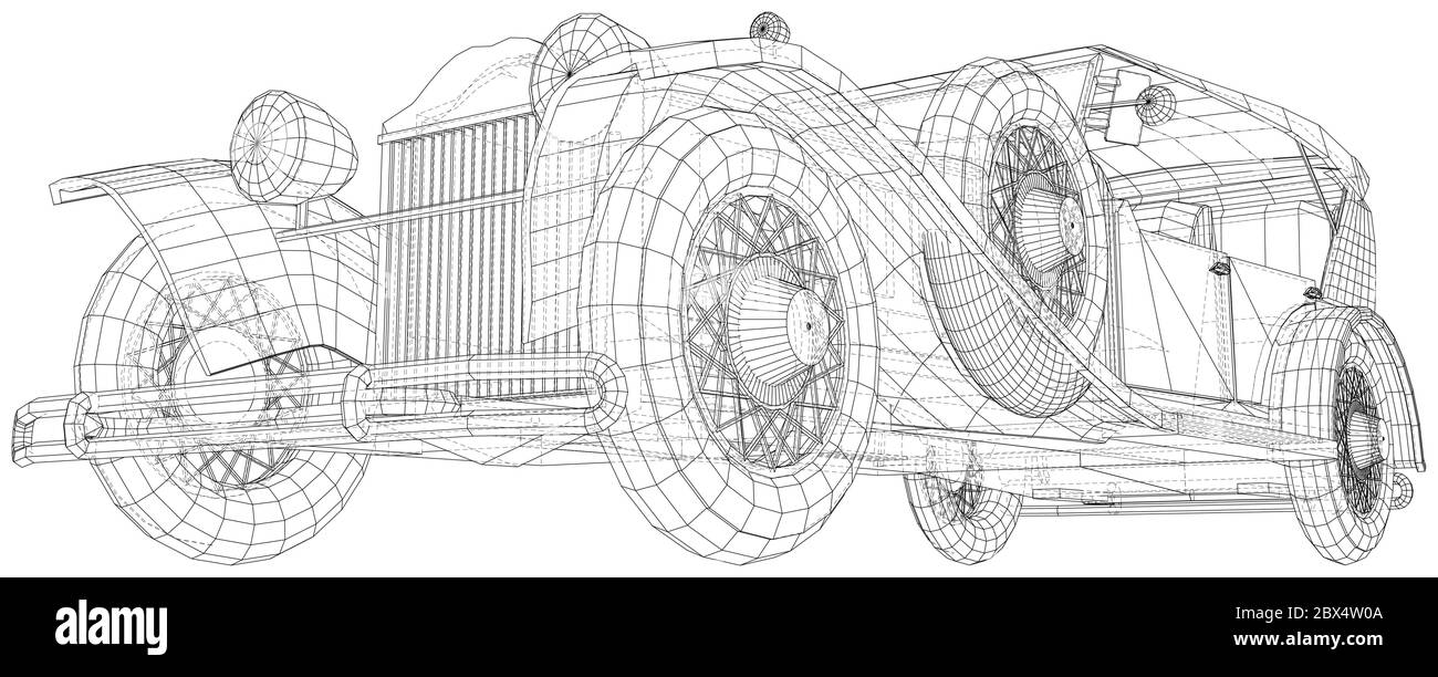 Retro car illustration vector. Vintage car Wire-frame line isolated. Vector rendering of 3d. Stock Vector