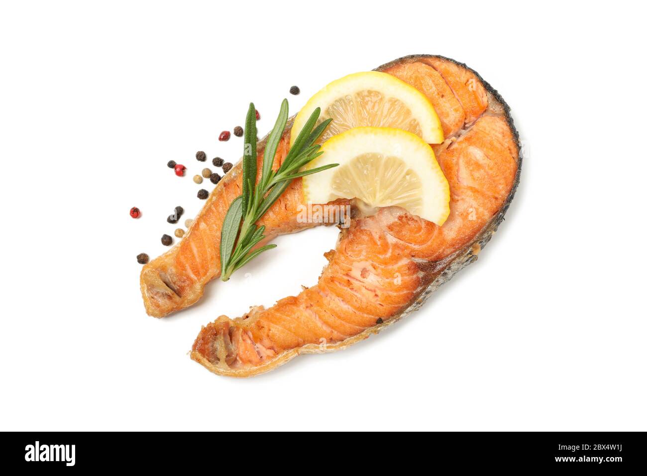 Tasty grilled salmon isolated on white background Stock Photo - Alamy