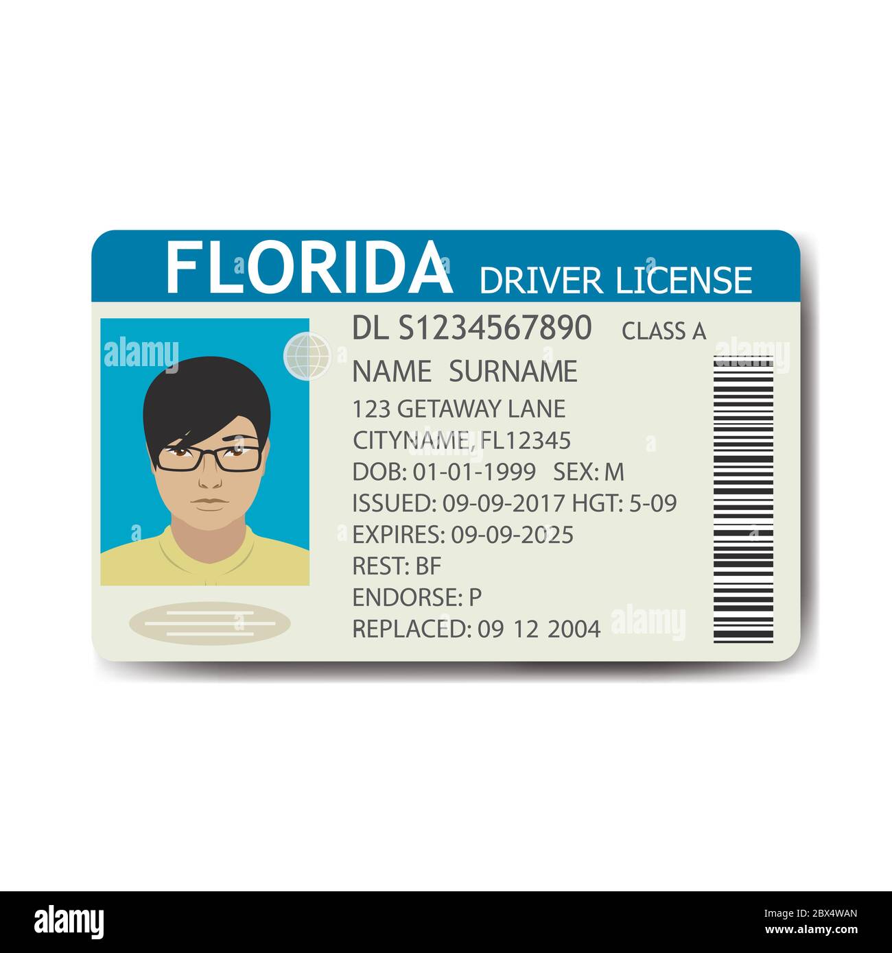 Usa driver license with male photo,text and qr code,flat template,cartoon vector illustration. Stock Vector
