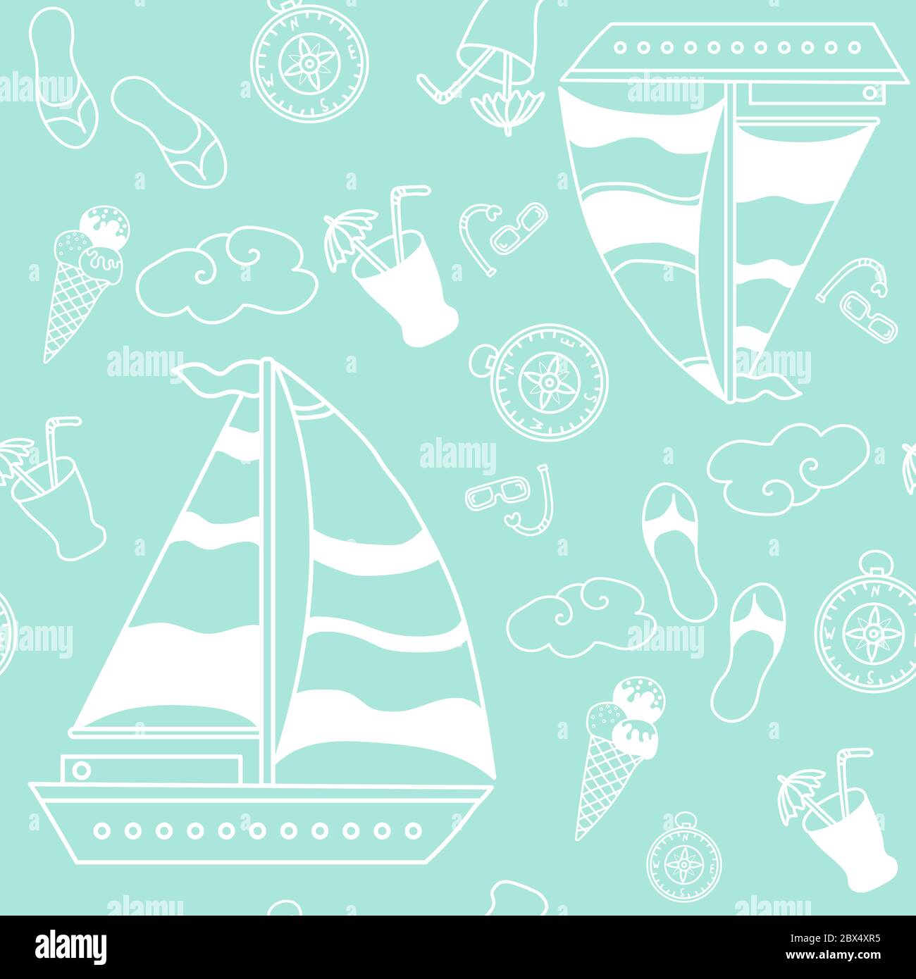 Seamless pattern. Blue background with a nautical theme. Ships, clouds with a cocktail and ice cream, beach slippers and a swimming mask. Packaging Stock Vector