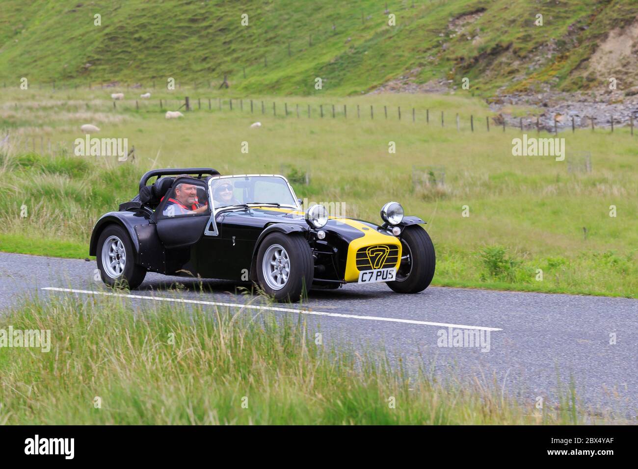 MOFFAT, SCOTLAND - JUNE 29, 2019: 1985 Caterham Super 7 kit car  in a classic car rally en route towards the town of Moffat, Dumfries and Galloway Stock Photo