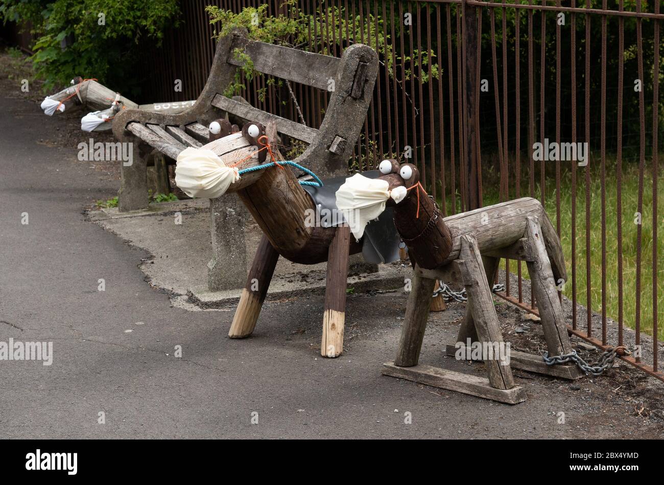 Sedbergh, Cumbria, UK. 4th June, 2020. Wooden dogs wearing their own PPE on the side of the entrance road to Sedbergh, Cumbria acting as a reminder to visitors to stay alert to Coronavirus. Credit: John Eveson/Alamy Live News Stock Photo