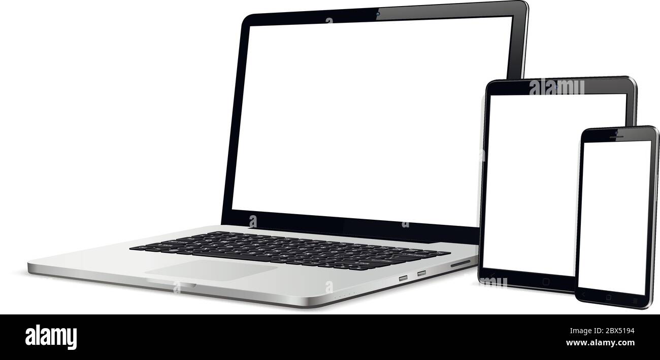 Laptop, tablet, mobile phone mock up. Vector illustration for responsive web design. Stock Vector