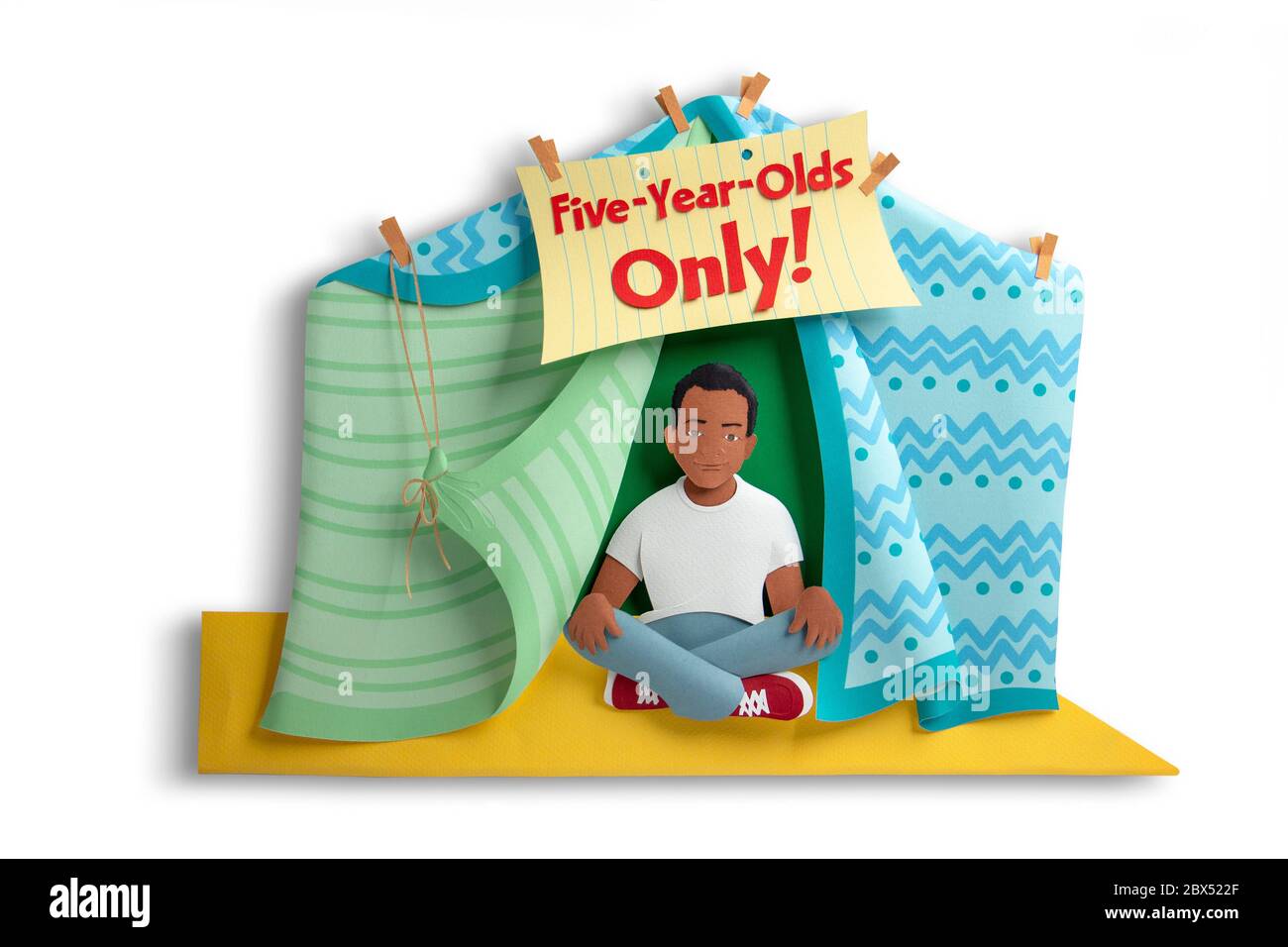 3D paper art illustration by Gail Armstrong. African american boy sits in a tent made of blankets and chairs Stock Photo