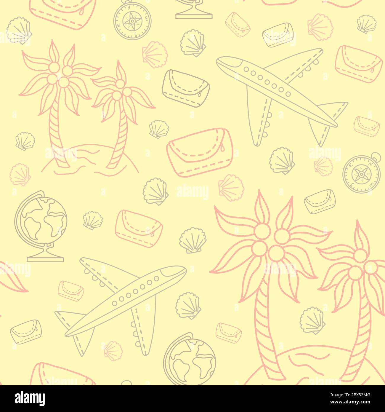 Seamless pattern. Travel, island with palm trees and an airplane, shells and a compass. Packaging, design and printing. Vector seamless pattern Stock Vector
