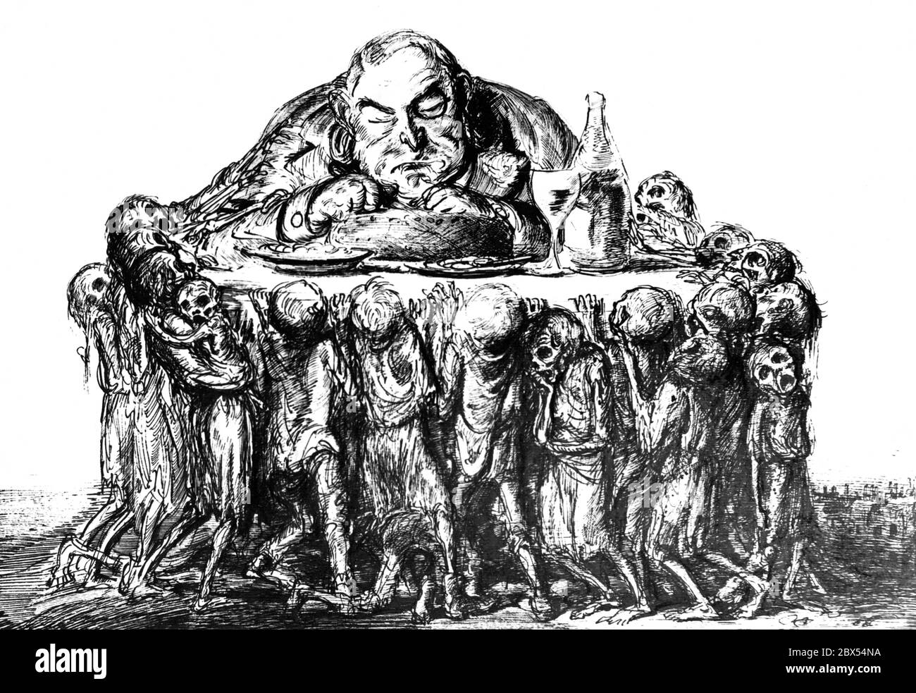 Hunger-stricken working-class children, some of whom are already starving, carry a table with a rich meal. A fat man sits at the table and eats. Caricature by Paul A. Weber from the 30s. Stock Photo