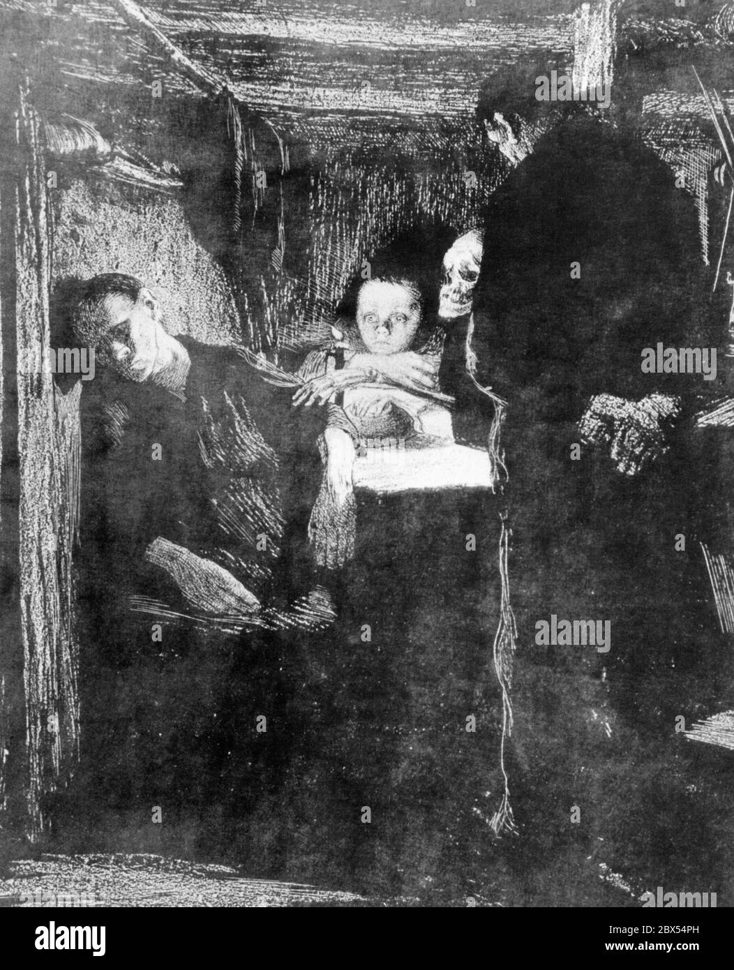 The small dark chamber is only lit by a candle. Two emaciated home weavers, a child and a skeleton sit around a small table. It shows the misery of the Silesian home weavers that led to the weavers' revolt. Lithograph from the Weavers' Cycle II. Stock Photo