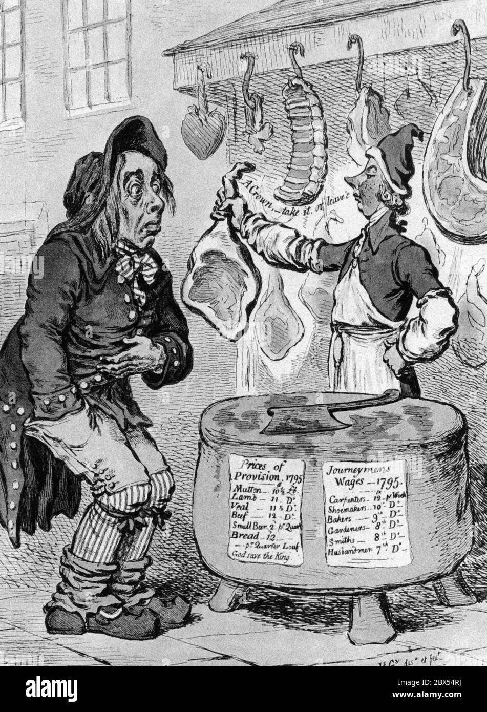 A severe crop failure led to a famine catastrophe in England. The Prime Minister William Pitt, who is portrayed as a butcher, remarked in a London newspaper that people should reduce the consumption of bread in favour of other foods. Gillray ridicules the absurd change from bread to meat, which is unaffordable for the population, by offering an oversized piece of meat to the starving John Bull. Stock Photo