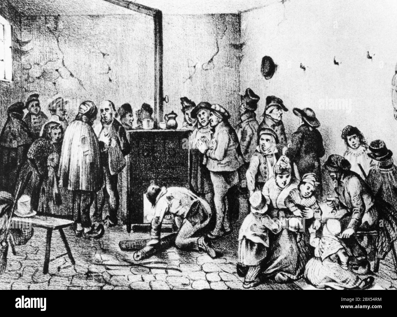 People around a heated oven in a public warming room. Municipalities and city administrations set up public warming rooms, especially for the winter. After a lithograph by Welter from 1837. Stock Photo