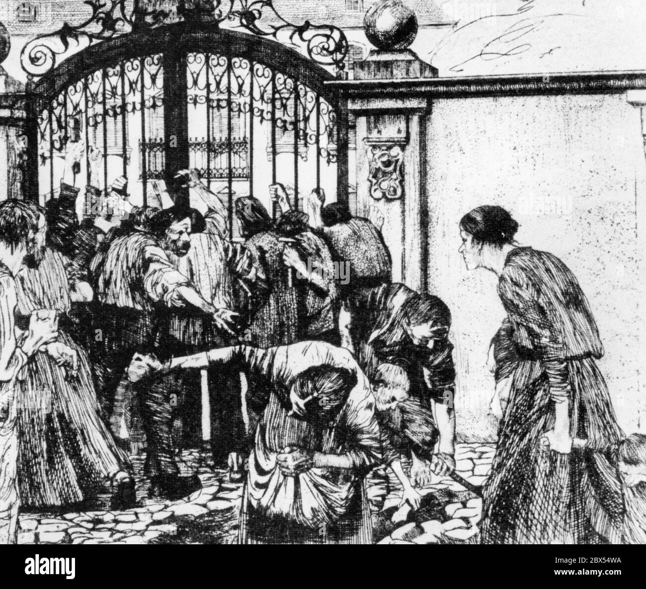 Silesian weavers are protesting in front of a house. They beat the iron gate with axes and fists. The weavers lost their jobs due to industrialisation. Some of them are doing roadwork in the front right. Drawing by Kaethe Kollwitz. Stock Photo
