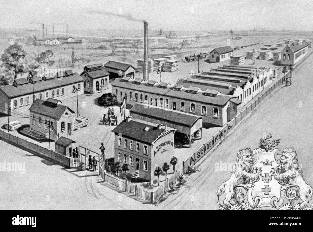A drawing of the factory of the company Danziger Parkett- und Holzindustrie A. Schoenicke und Co. from the year 1800. On the factory premises the wood is piled up for further processing. Stock Photo