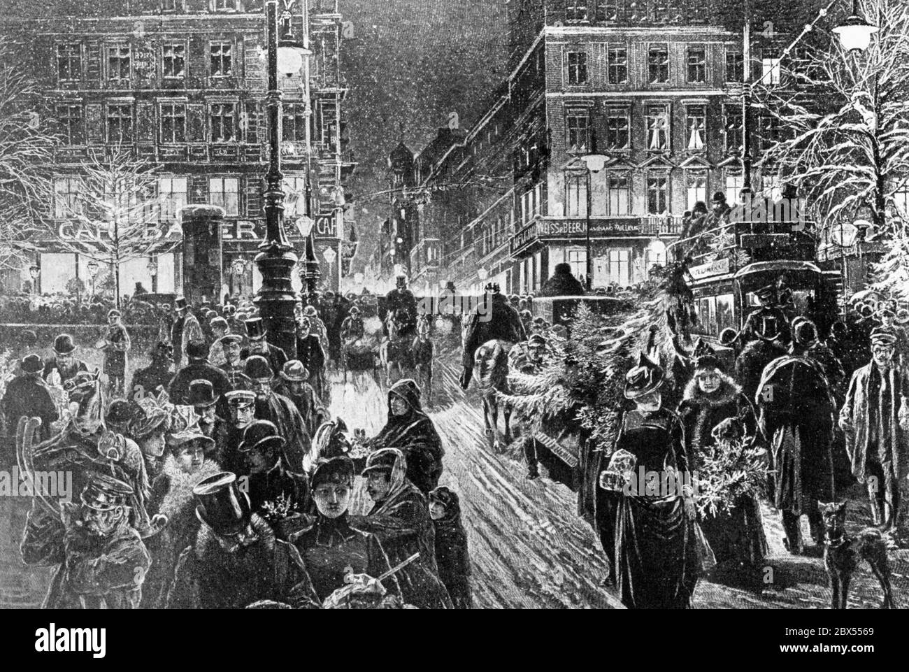 Christmas Eve in Berlin. Passers-by carry their purchased gifts through the pre-Christmas Berlin, and there is heavy traffic on the streets. In the building on the left is the Cafe Bauer, on the right a shop of Schneider Weiss & Beer. After a wood engraving by Friedrich Stahl. Stock Photo