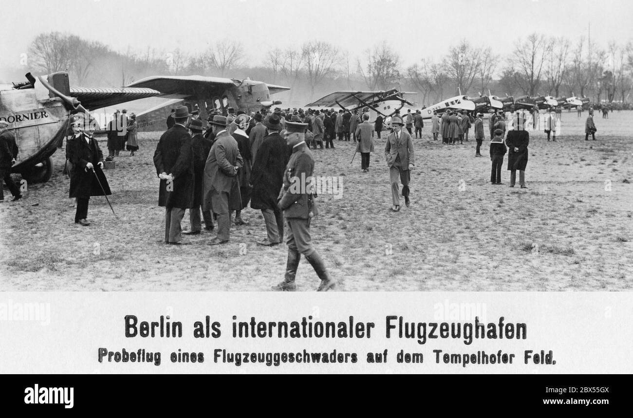 The picture shows some aircrafts before a test flight over the newly founded Tempelhof Airport. Pictured from the left: Dornier C III Comet II, an Albatros L58, a Sablatnig P. III and five Junkers F13 on the right side of the picture. Stock Photo