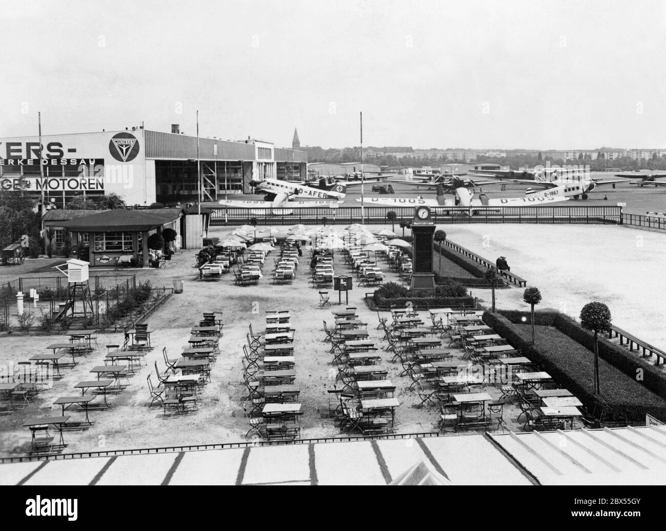 A view of the aircraft hangars from the command bridge. Stock Photo