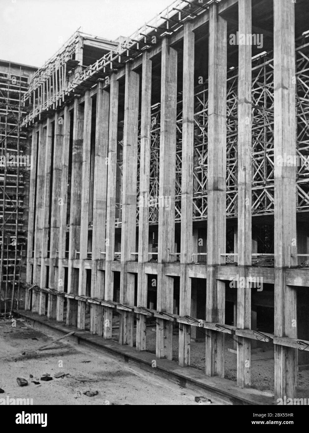 A facade for the topping-out ceremony of some new buildings in 1937. Stock Photo