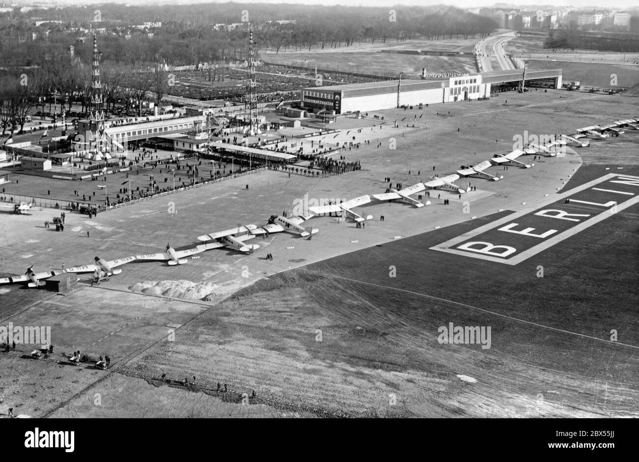 Various single engine aircrafts at Tempelhof Airport. Stock Photo