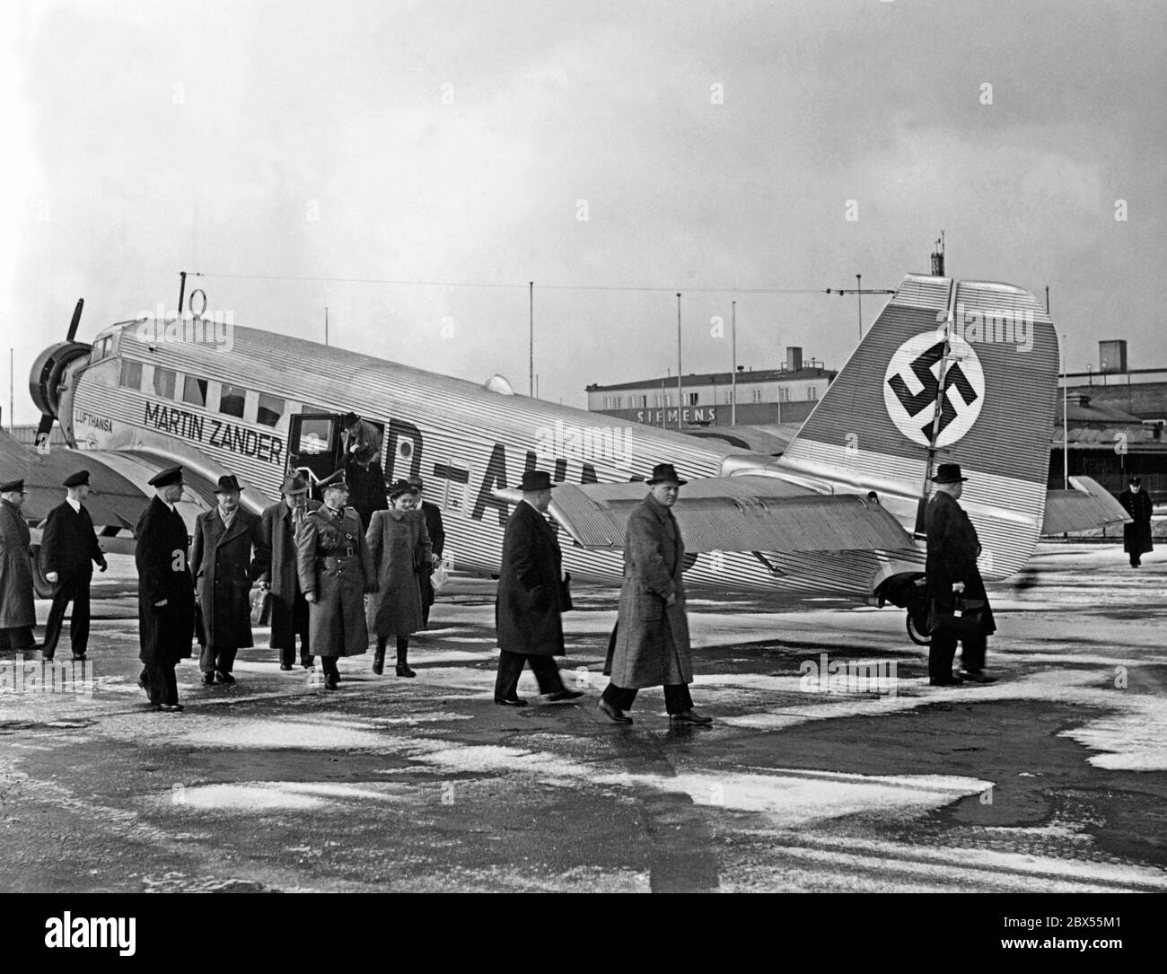 The Junkers Ju 52/3m Martin Zander of Lufthansa after its arrival from Vienna at Berlin Tempelhof Airport. The airport had just taken over flight operations from Rangsdorf Airport. Stock Photo