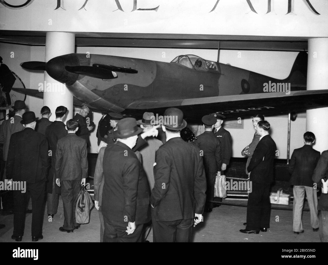 The Royal Air Force exhibition at London's Charing Cross Underground Station features a new 'Spitfire' fighter aircraft. Stock Photo