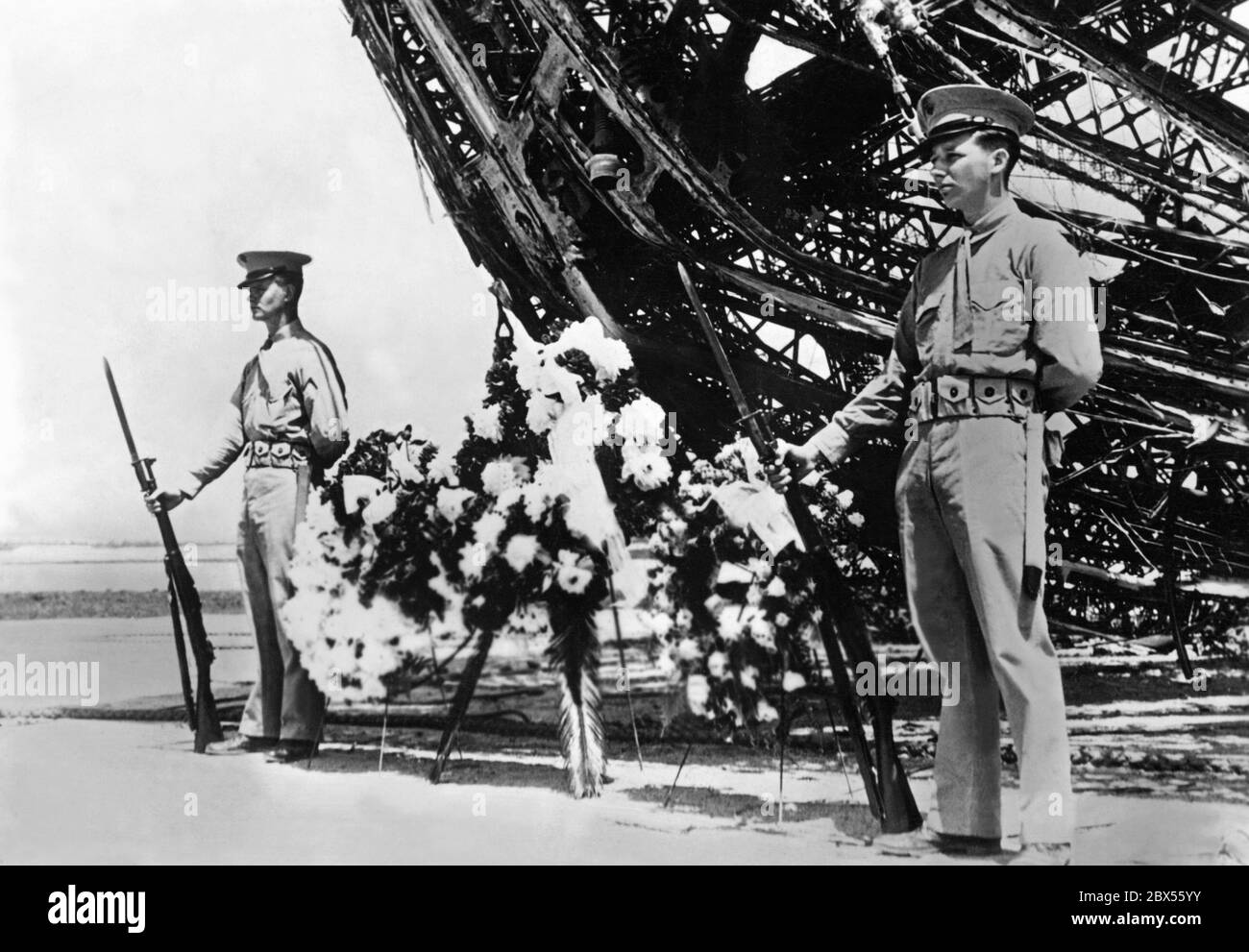 American marines keep honor guard at the wreck of the 'Hindenburg' at the Lakehurst airfield. Stock Photo