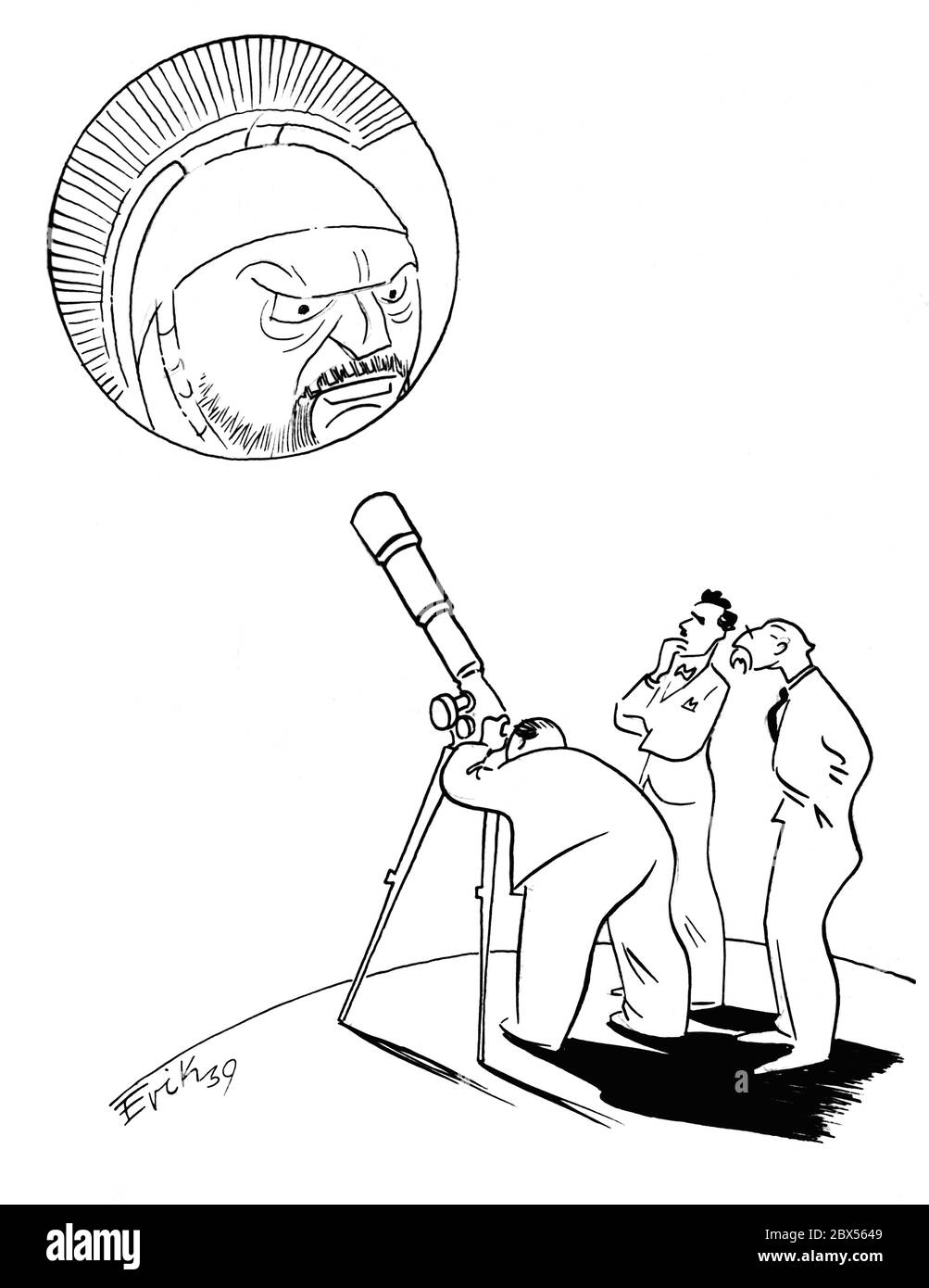 A caricature by Erik shows three people, including Winston Churchill and Anthony Eden, looking at the planet Mars through a telescope: 'It's a pity we can't bring it even closer!' Stock Photo