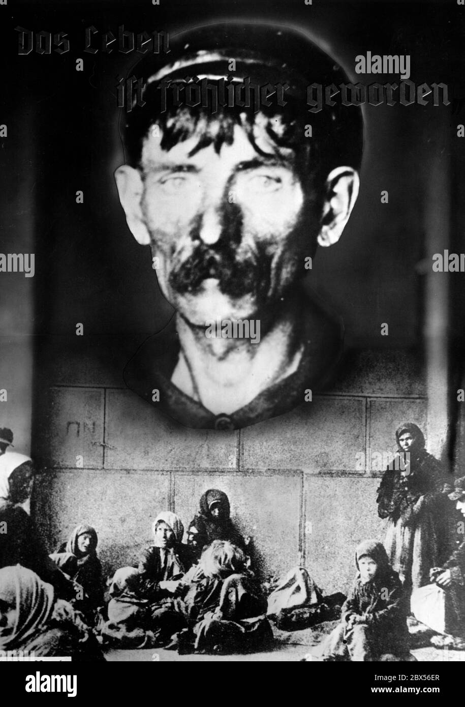 Display board of the anti-Bolshevik exhibition 'Bolschewismus ohne Maske' (Bolshevism without Mask) in the Berlin Reichstag. The infographics contrasts a motto of Stalin with children suffering from hunger in a propagandistic way. Stock Photo