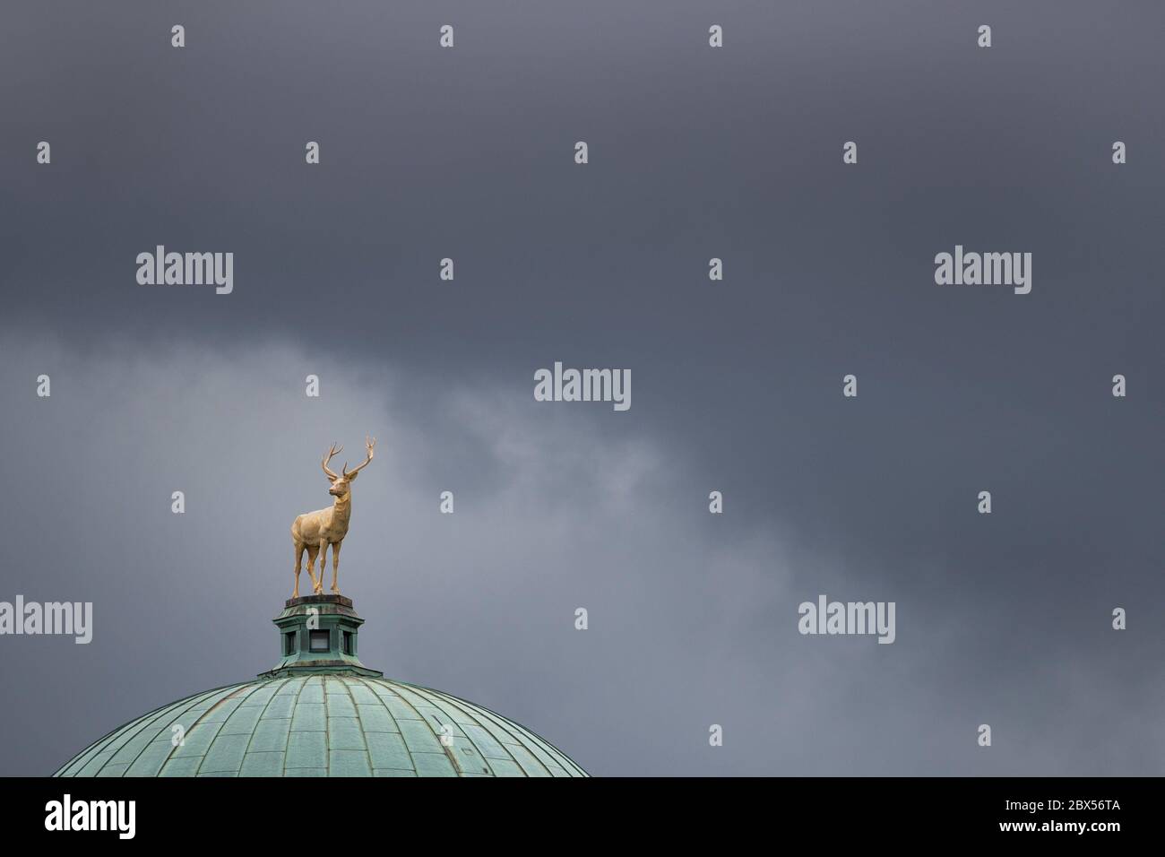 05 June 2020, Baden-Wuerttemberg, Stuttgart: Black clouds move in the sky behind a deer figure on the building of the Württembergischer Kunstverein. Photo: Tom Weller/dpa Stock Photo