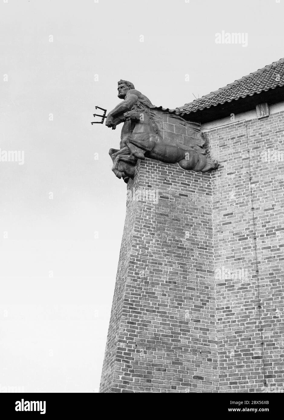 The Roman god Neptune was carved in relief at the corner of a youth hostel in Danzig on the Bischofsberg. In Roman mythology he is considered the god of water. He rides a horse and holds a trident in his hand. Stock Photo