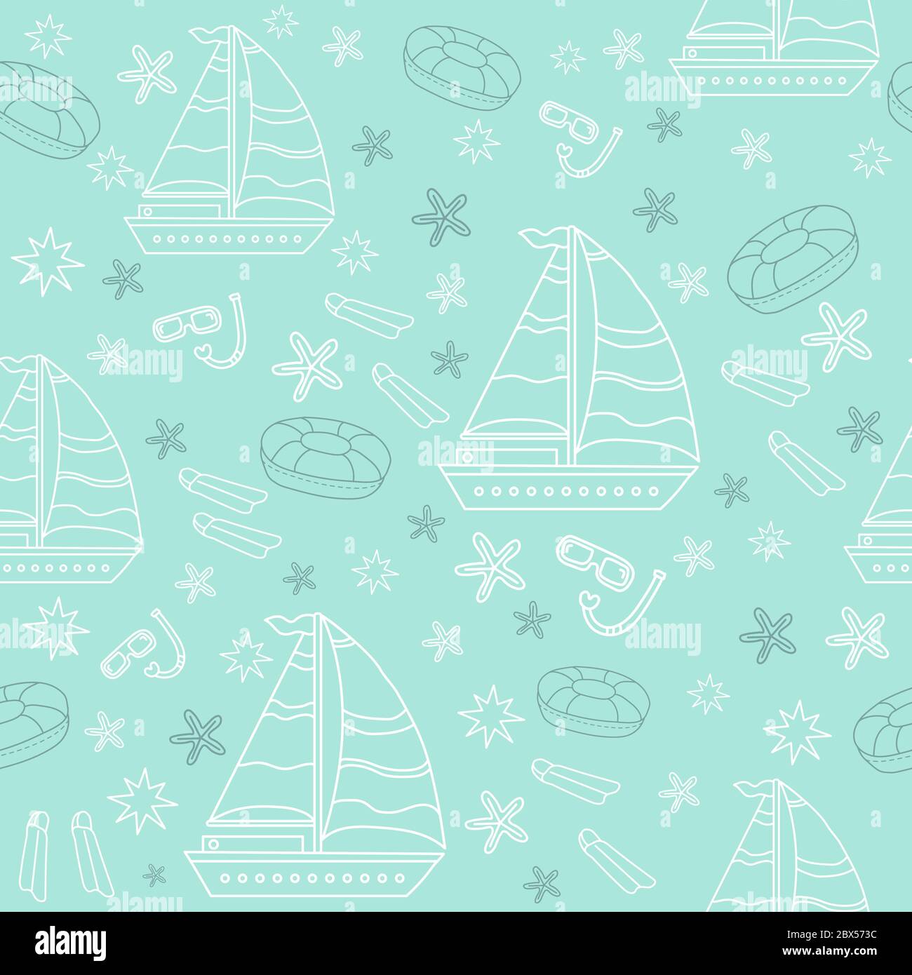 Seamless pattern. Seamless pattern Blue background with sea and ships, swimming mask and lifebuoy for swimming, shells and stars. Packaging, design Stock Vector