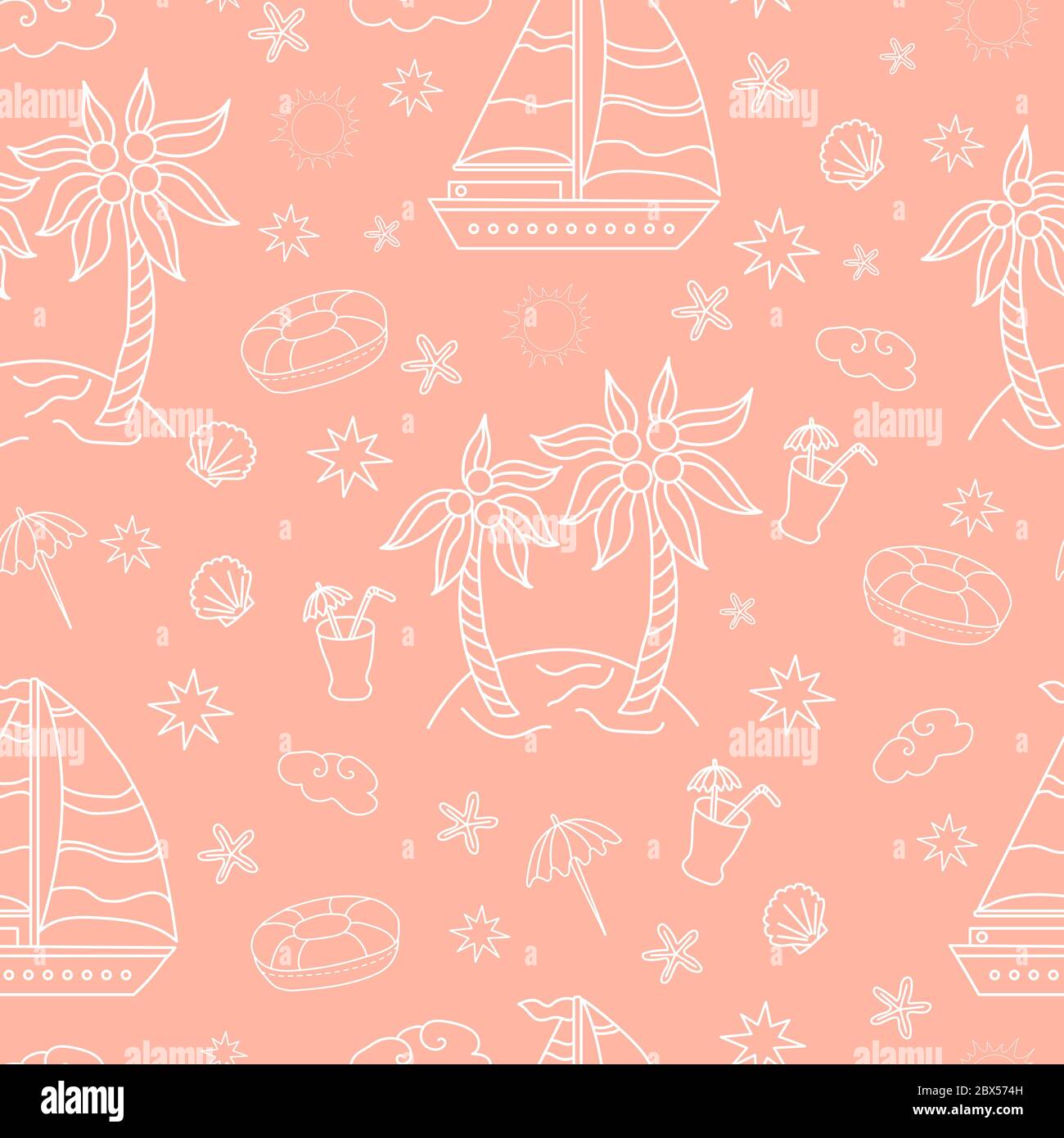 Seamless pattern. Seamless pattern Pink background with a nautical theme. Ships, palm trees on the island, cocktails and a swimming circle with shells Stock Vector