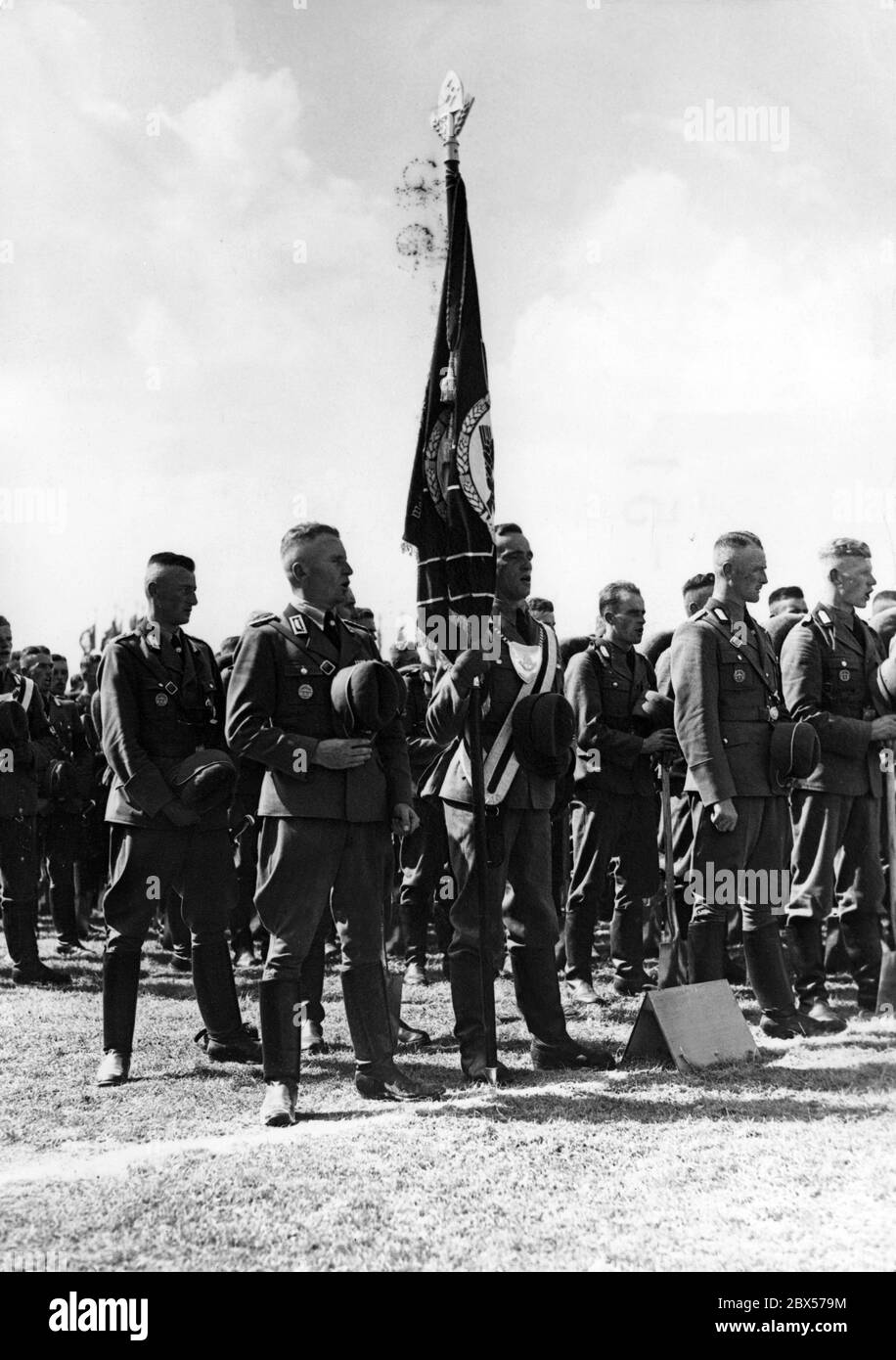 The Reich Labor Service parades on the Zeppelin Field on the occasion of the Reich Party Congress of Labor. Here during the song of the Labor Service. Stock Photo