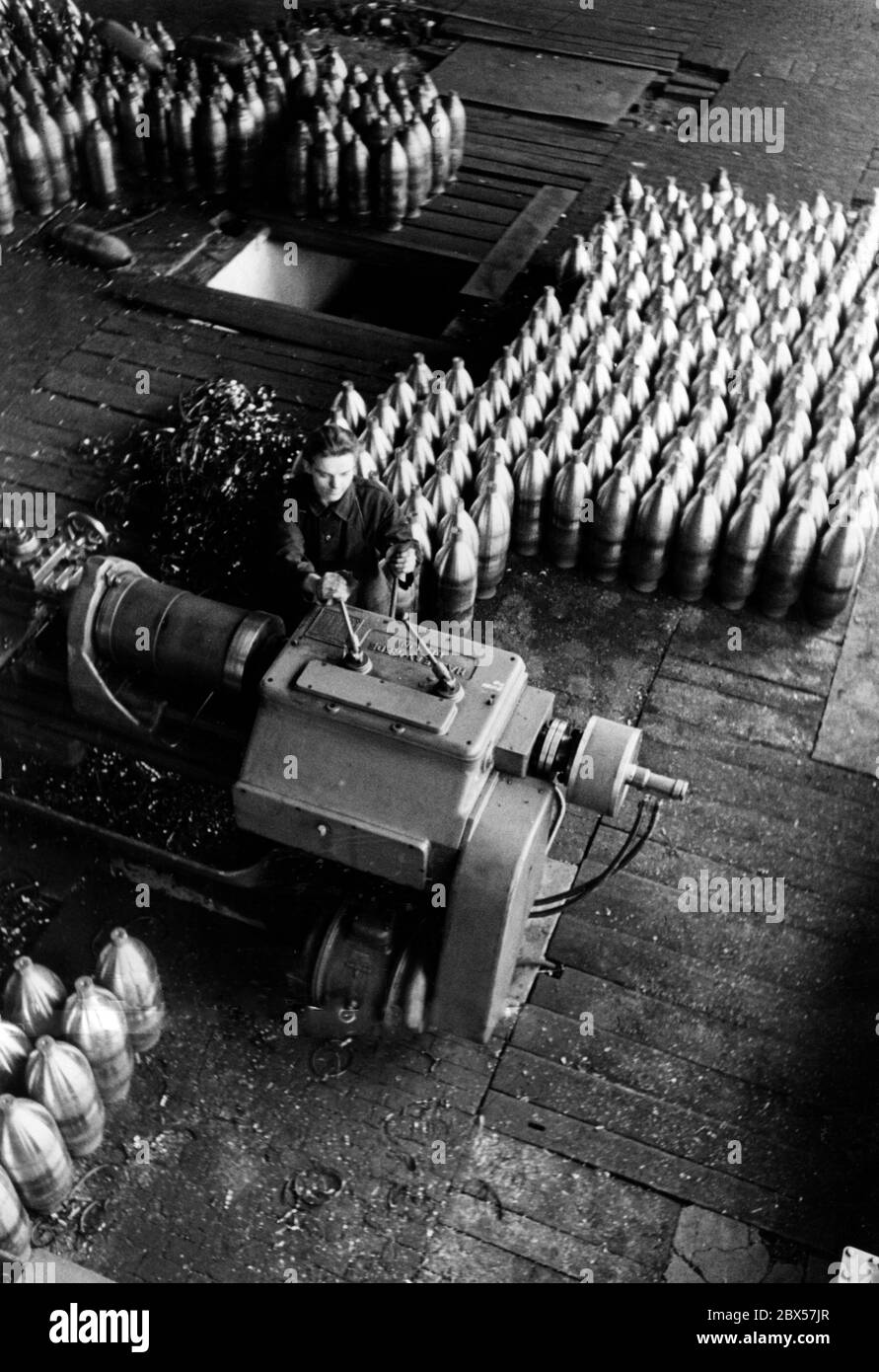An armament factory manufactures ammunition, grenades and bombs for the war. Stock Photo