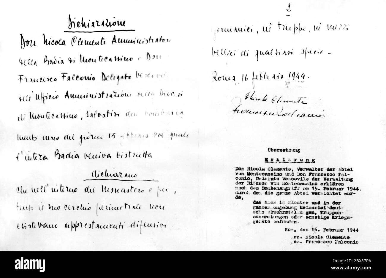 Written declaration by the caretakers of the Abbey of Montecassino, according to which there were no German troops in the monastery at the time of the Allied air raid. Italian original with German translation, dated February 16, 1944. Stock Photo