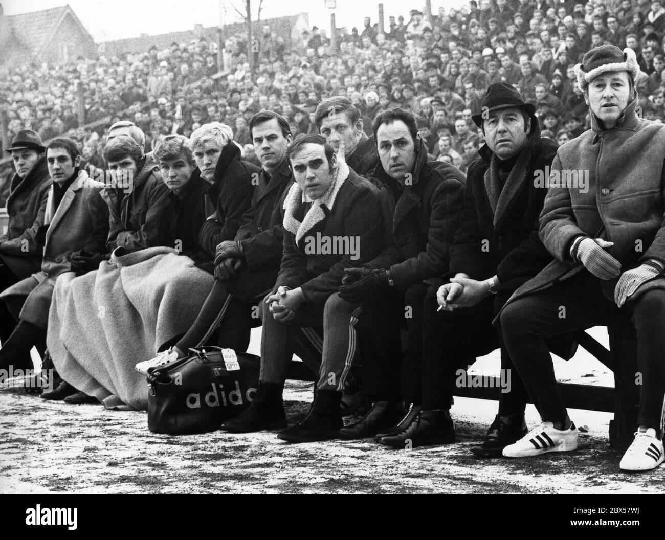 Substitute's bench of Schalke 04 in the game at RWO, Bundesliga, season 1969/1970, Rot-Weiss Oberhausen against FC Schalke 04: 0- 3. Stock Photo