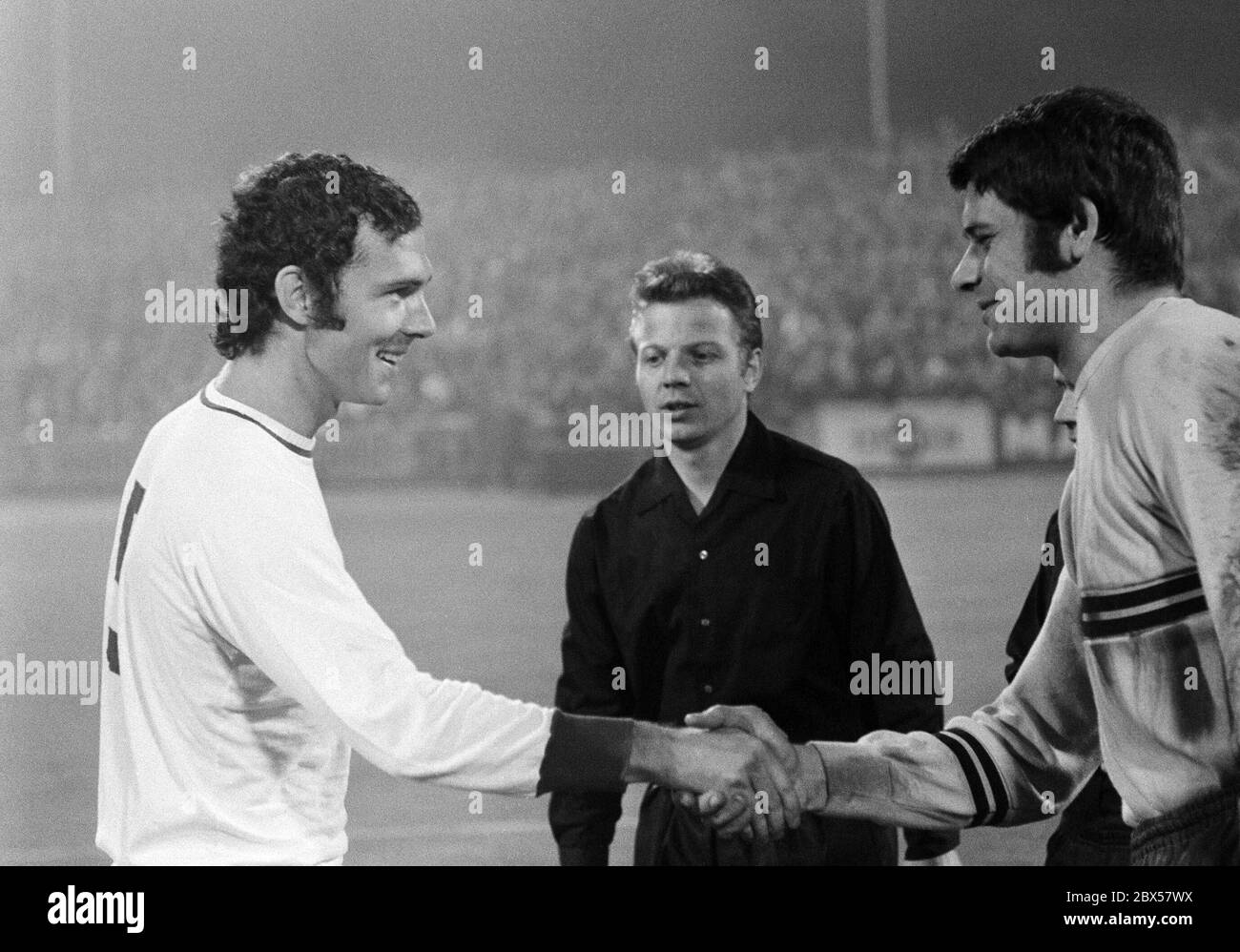Captain Beckenbauer and Scheid before the game RWO against Bayern Munich, Bundesliga, season 1970/1971, , Rot-Weiss Oberhausen against Bayern Munich 4: 0, Niederrheinstadion. Stock Photo