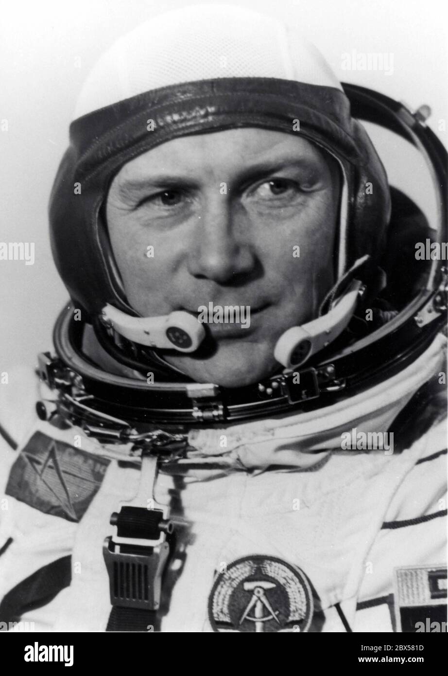 Sigmund Jaehn - * 13.02.1937, cosmonaut and Major General of the GDR People's Army. After training at the Soviet Cosmonaut Center he flies out into space as the first German together with a Soviet cosmonaut on 26 August 1978, and after a week's stay at space station Salut-6  lands with the Soyuz-31 in the Kazakh steppe on September 2, 1978. Photo from  August 1978 in a spacesuit at the Baikonur Cosmodrome. Undated photo from 1978. Stock Photo