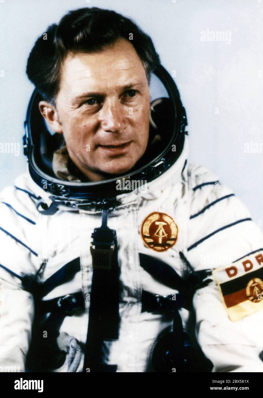 Sigmund Jaehn - * 13.02.1937, a cosmonaut and Major General of the GDR People's Army. After training at the Soviet Cosmonaut Center he flies out into space as the first German together with a Soviet cosmonaut on 26 August 1978, and after a week's stay at the space station Salut-6 lands with the Soyuz-31 in the Kazakh steppe on September 2, 1978. Photo from August 1978 in a spacesuit at the Baikonur Cosmodrome. Undated photo from 1978. Stock Photo