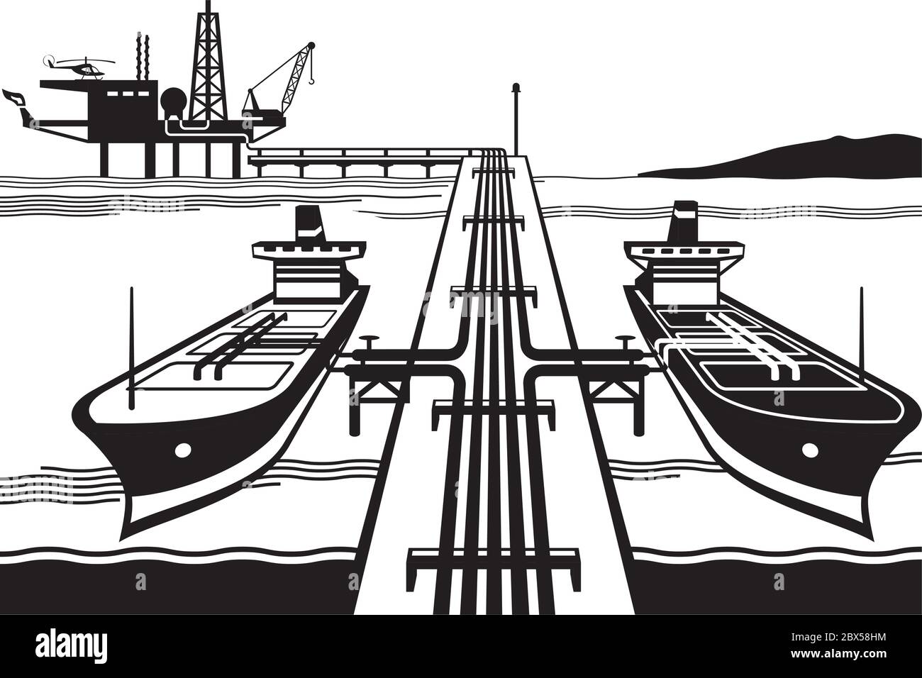 Tankers loading petrol from offshore oil rig - vector illustration Stock Vector