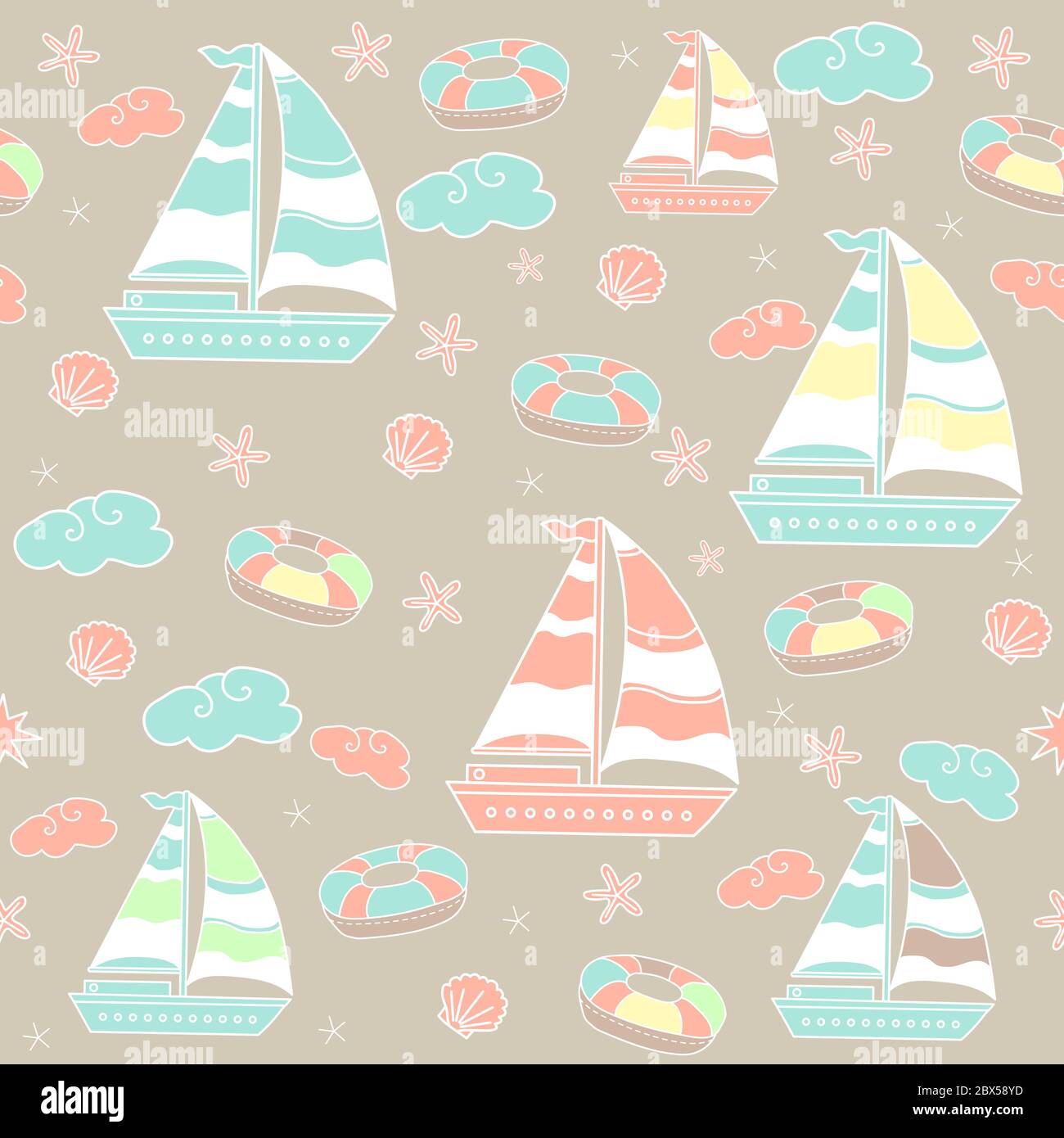 Seamless pattern. Marine theme with ships and clouds on a colored background. Packaging, design, design and printing. Vector seamless pattern. For Stock Vector