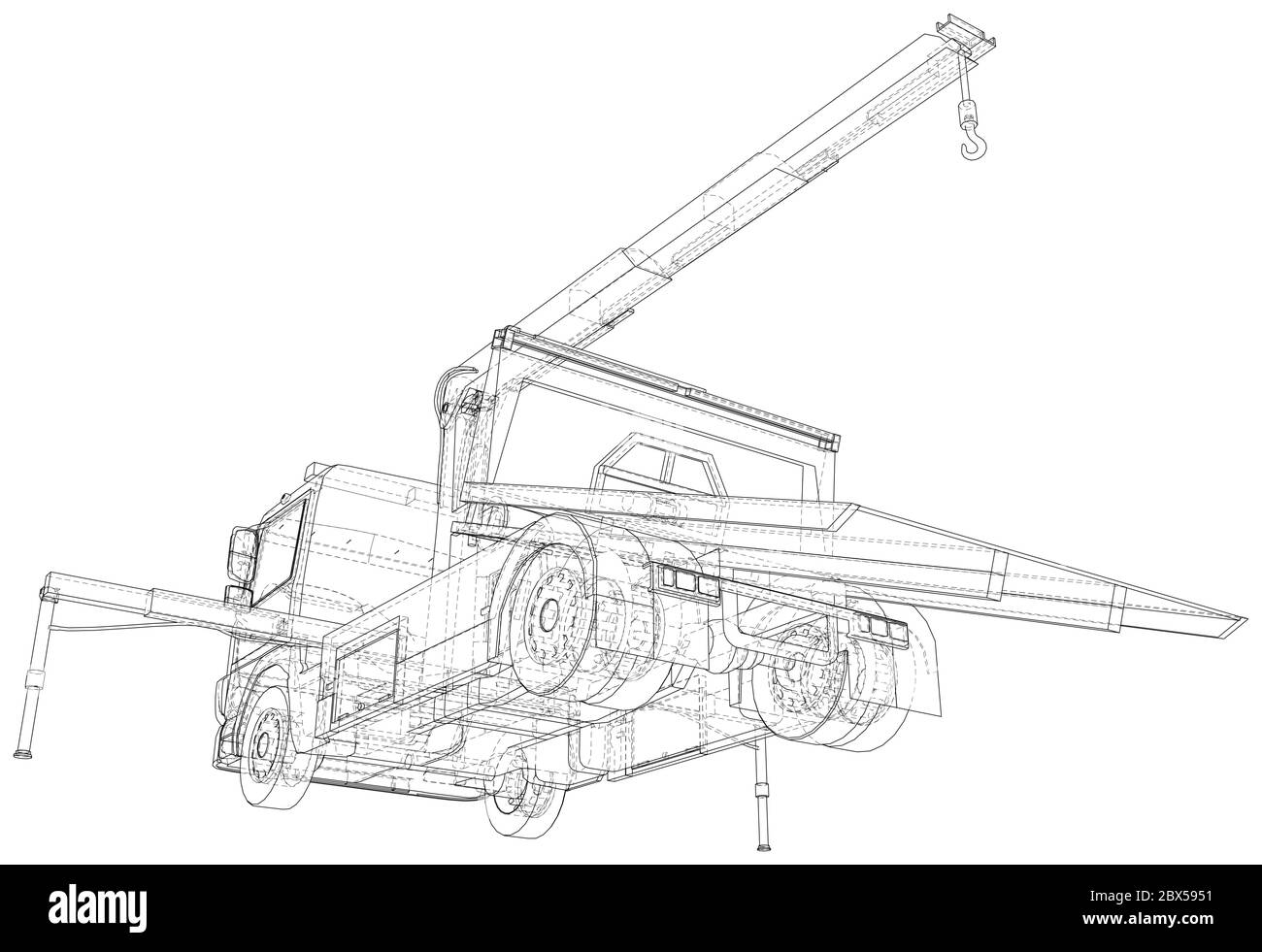 Tow truck vector. Towing car trucking vehicle transportation towage. Help on road. Wire-frame. The layers of visible and invisible lines are separated Stock Vector