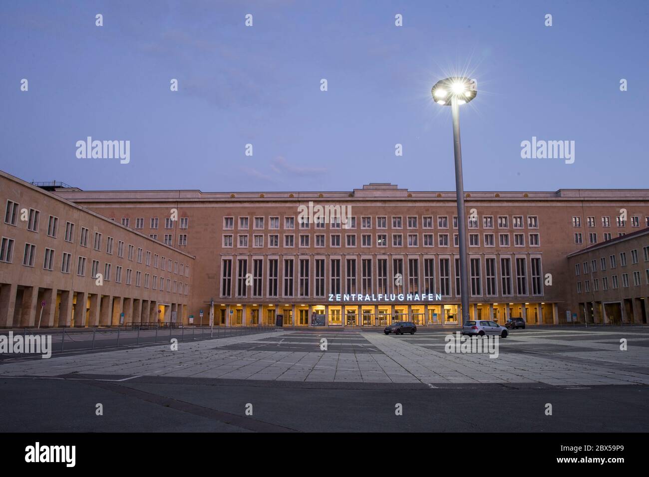 Berlin, Germany. 03rd Apr, 2020. The main entrance of the former central airport Berlin-Tempelhof during the blue hour. The airport was in operation from 1923 until its closure on 30 October 2008. Credit: Georg Wenzel/dpa-Zentralbild/ZB/dpa/Alamy Live News Stock Photo