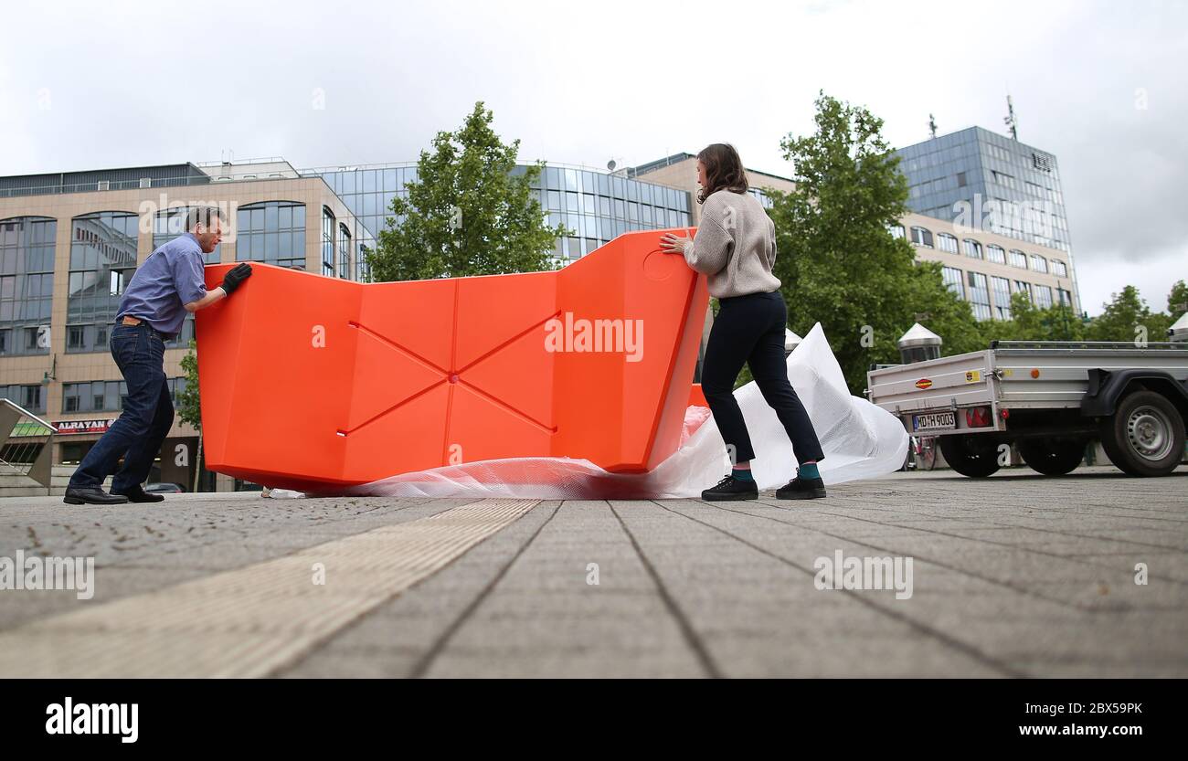 Magdeburg Germany 05th June City Employee Jorg Bottcher L And Gina Maria Mund R Project Manager Of The Open Space Laboratory Set Up An Outdoor Seating Area A So Called Mq Furniture