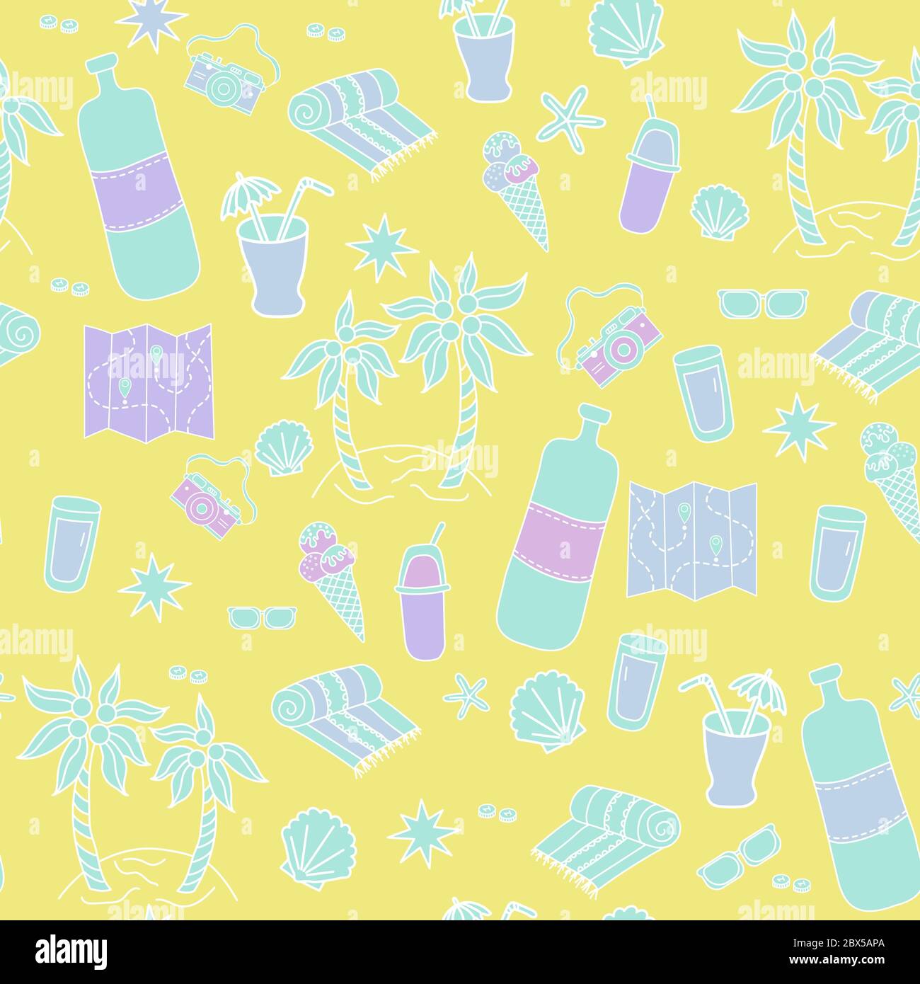 Seamless pattern Yellow background with sea and travel. Cocktail and ice cream, glasses, island with palm trees, a beach towel, stars and a map Stock Vector