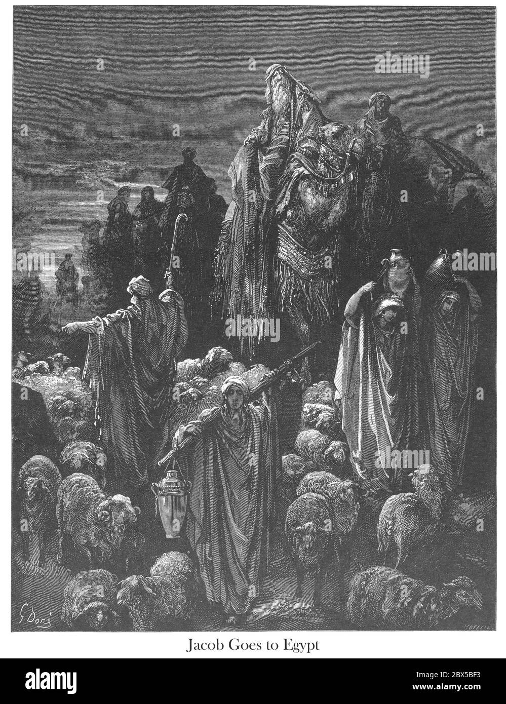 Jacob goes to Egypt Genesis 46:5 From the book 'Bible Gallery' Illustrated by Gustave Dore with Memoir of Doré and Descriptive Letter-press by Talbot W. Chambers D.D. Published by Cassell & Company Limited in London and simultaneously by Mame in Tours, France in 1866 Stock Photo