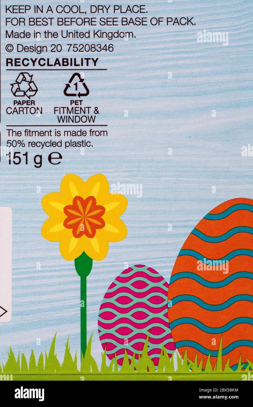 Recyclability paper carton PET 1 fitment & window the fitment is made from 50% recycled plastic - information on Thorntons Easter egg box Stock Photo
