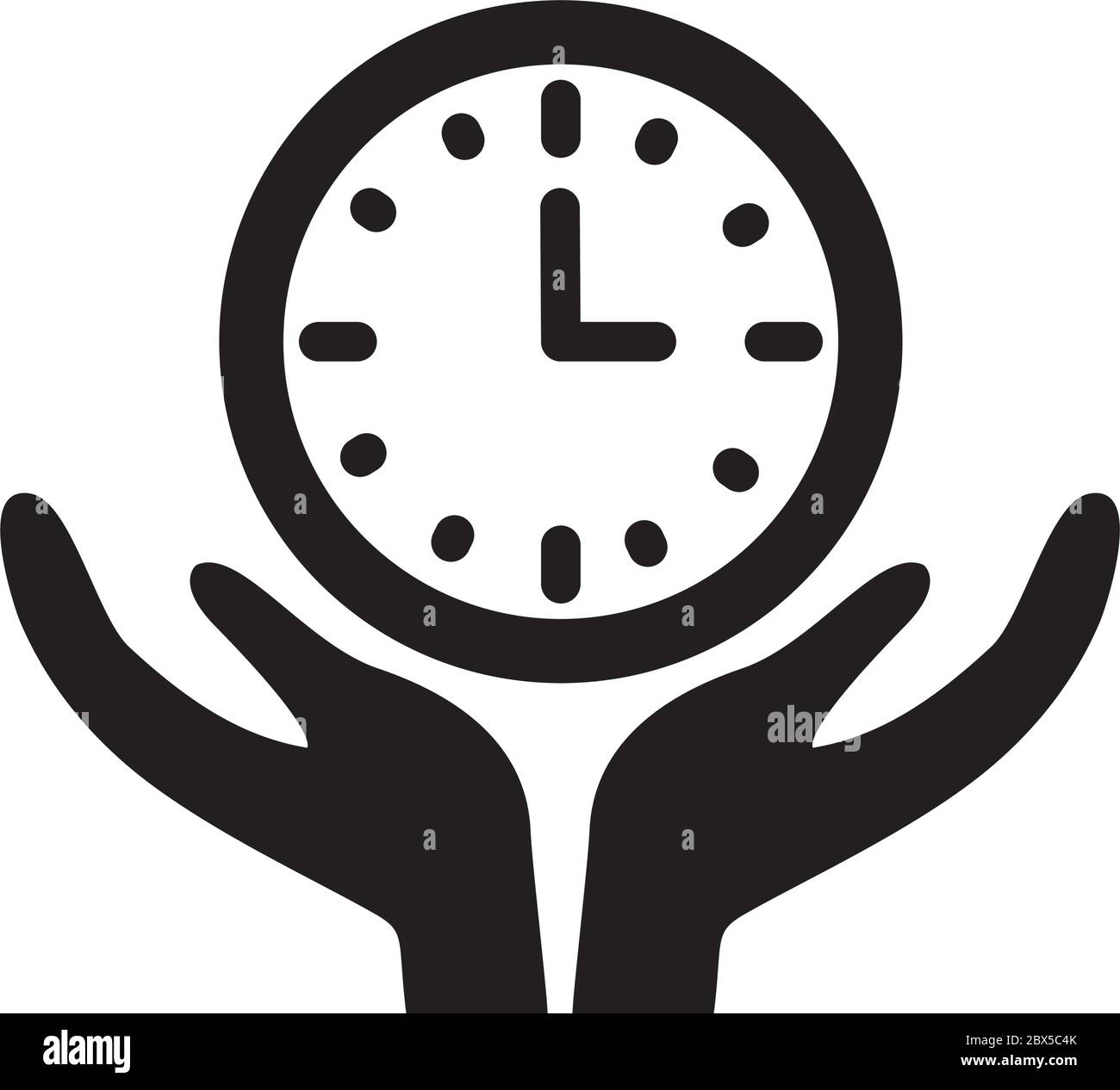 hands with clock icon over white background, silhouette style, vector