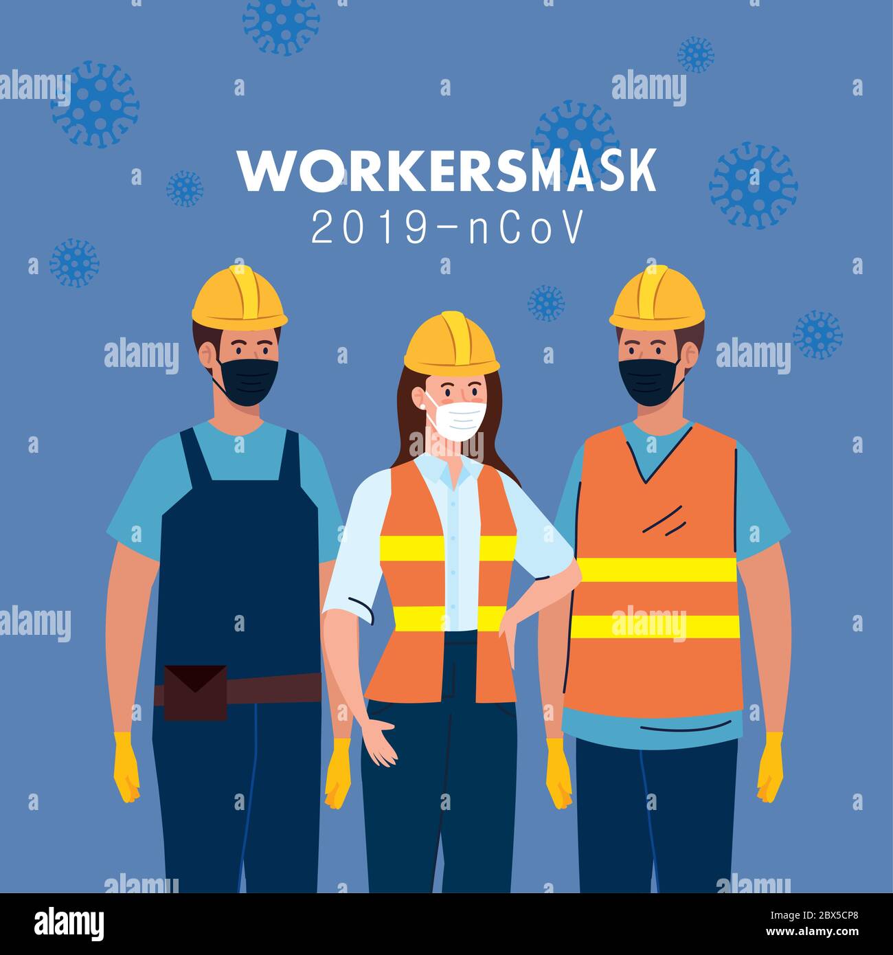 female and male constructers with uniforms and masks vector design ...